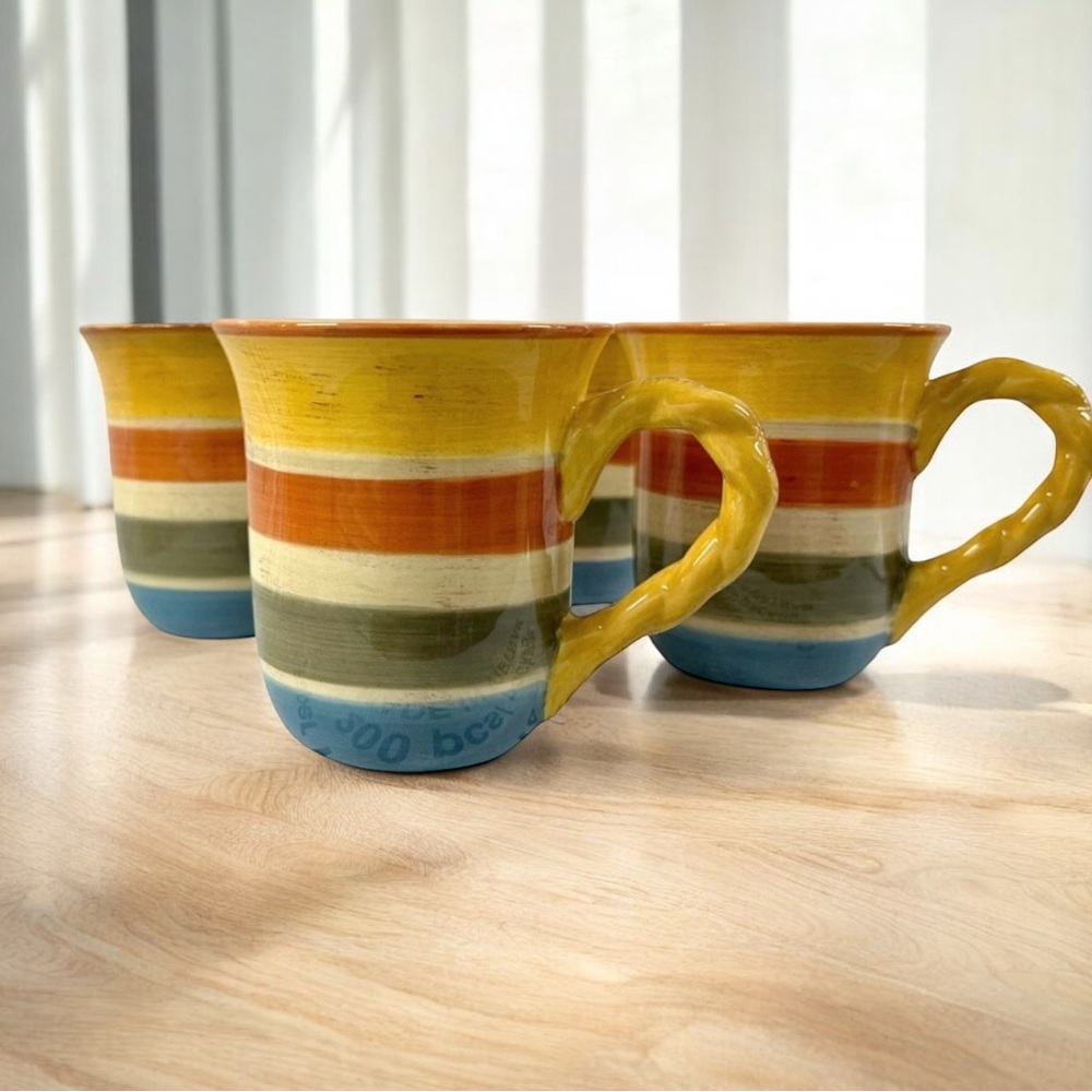 Vintage Artimino Tuscan Stoneware Striped Mugs Set of 4 Rustic Rope Handle